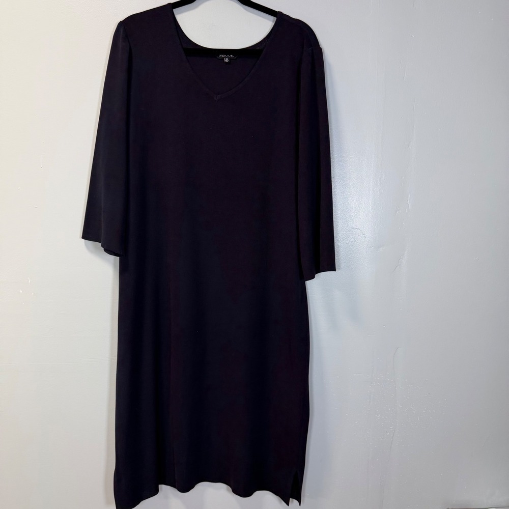 Misook Womens Plus 0X Navy Knit V-Neck 3/4 Sleeve A-Line Midi Dress Minimalist